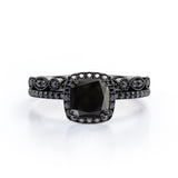 Pave-Accented Halo 1.6 TCW Cushion Cut Lab Created Black Diamond Milgrain Filigree Wedding Ring Set in White Gold