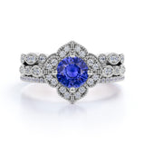 2 Carat Round Cut Halo Sapphire and Diamond Trio Wedding Ring Set in 10k White Gold