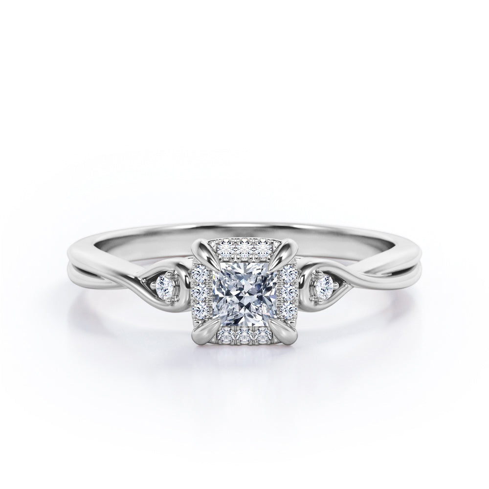 Prong and Halo 0.6 carat Princess Moissanite and Diamond Twisted Shank Engagement Ring in Rose Gold