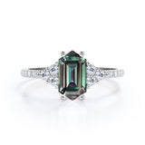 Four Prong 1.45 Carat Hexagon Shaped Lab Created Alexandrite And Diamond Pave Engagement Ring In White Gold