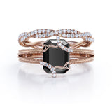 Artdeco scalloped 1.50 Carat Lab Black Diamond Wedding Ring Set for Women in Rose Gold