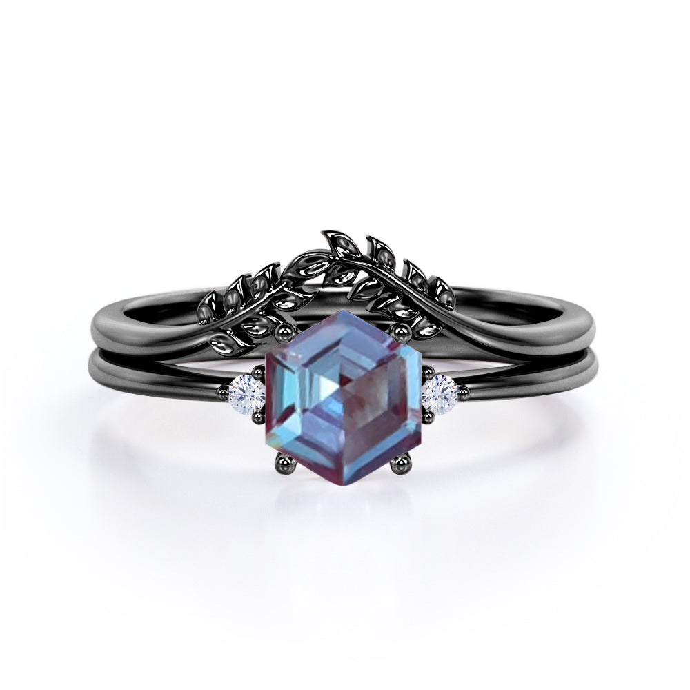 Trilogy 0.55 Ct Hexagon Lab Alexandrite Leafy Bridal Set