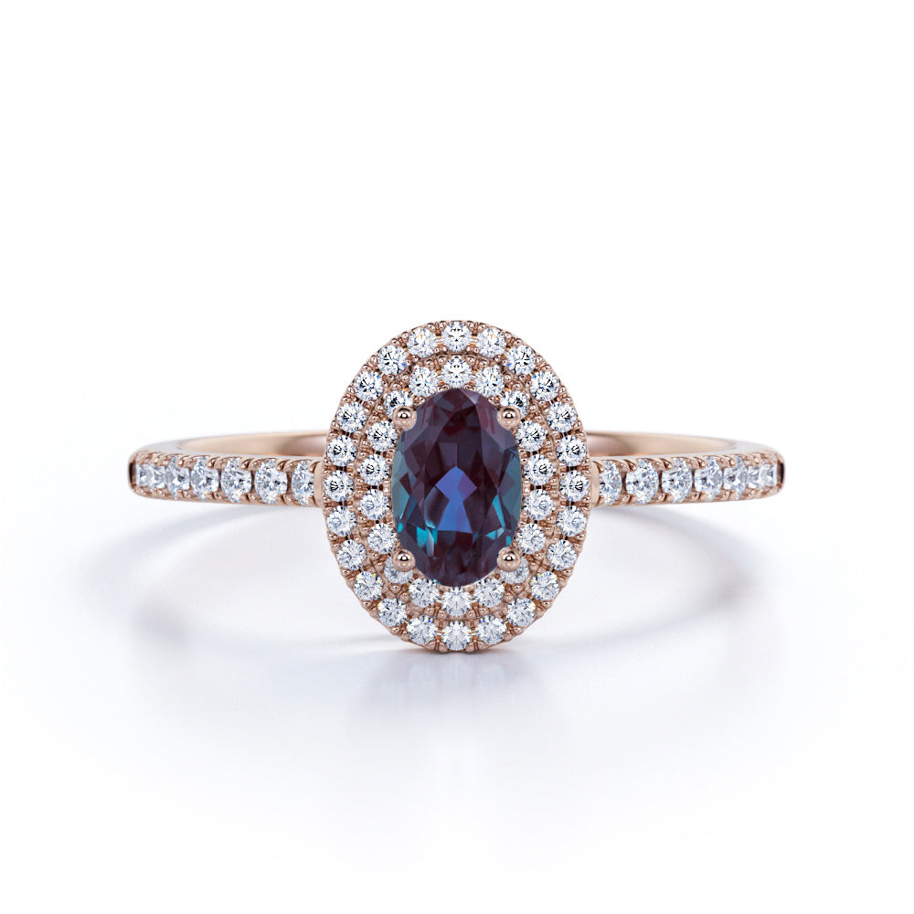 Classic Double Halo 1.50 Carat Oval Cut Simulated Blue Alexandrite and Diamond Semi Eternity Pave Engagement Ring in White Gold