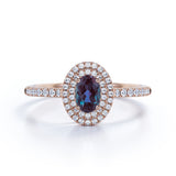 Classic Double Halo 1.50 Carat Oval Cut Simulated Blue Alexandrite and Diamond Semi Eternity Pave Engagement Ring in White Gold