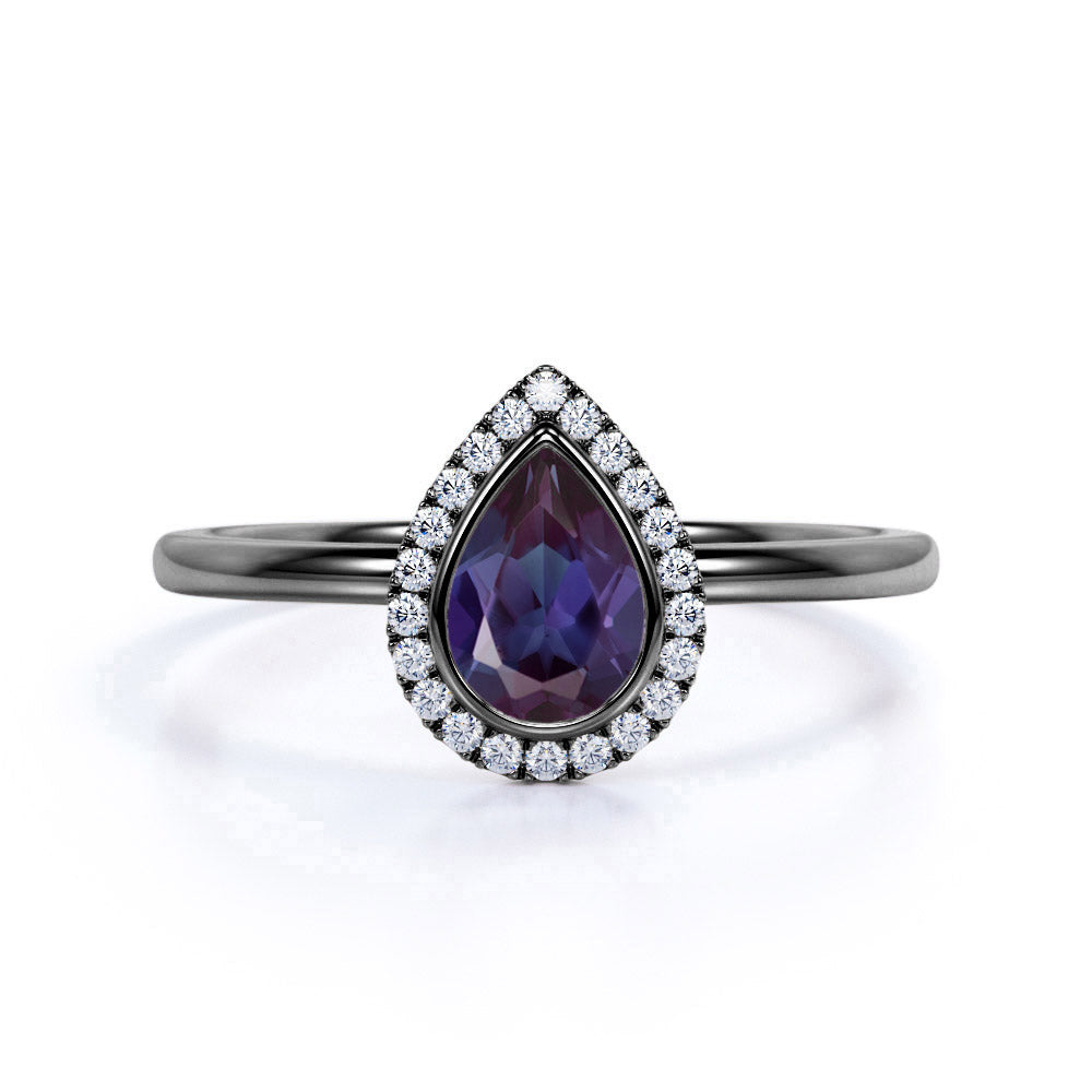 Modern Bezel Set 1.25 Carat Teardrop Shape Synthetic Alexandrite and Diamond Halo Engagement Ring
