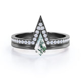 Modern 0.75 carat Kite Shaped Moss Agate and Moissanite Bridal Ring Set in White Gold
