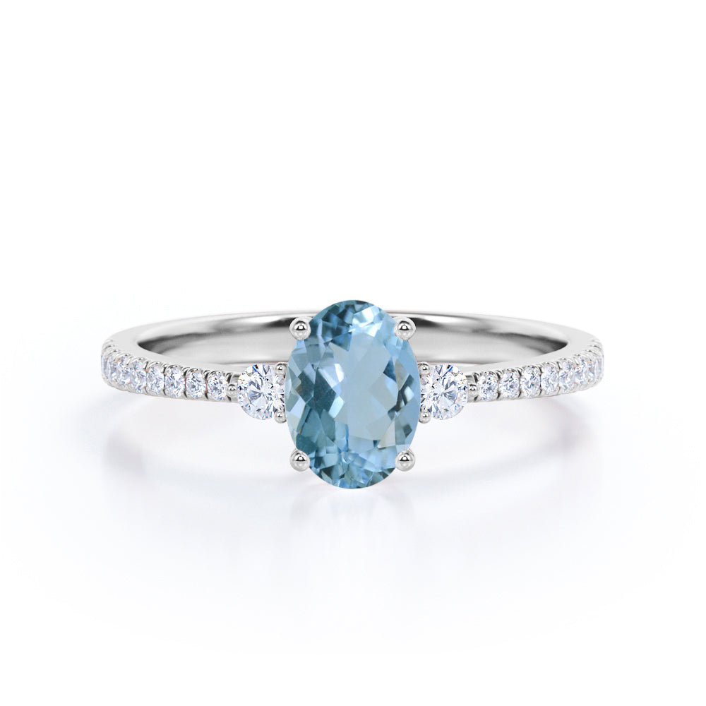 Simple 3 Stone 1.75 Carat Oval Cut Natural Deep Blue Aquamarine and Diamond Semi Eternity Pave Engagement Ring in Rose Gold for Her