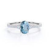 Simple 3 Stone 1.75 Carat Oval Cut Natural Deep Blue Aquamarine and Diamond Semi Eternity Pave Engagement Ring in Rose Gold for Her