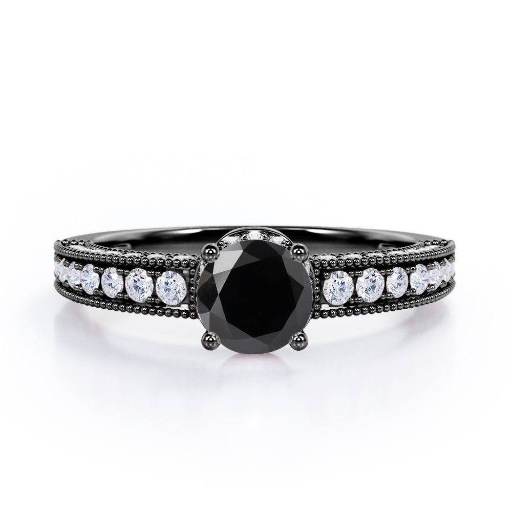 Prong Set 1.45 Carat Round Cut Black Diamond Vintage Milgrain Engagement Ring In White Gold