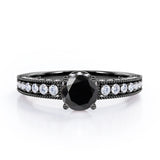 Prong Set 1.45 Carat Round Cut Black Diamond Vintage Milgrain Engagement Ring In White Gold