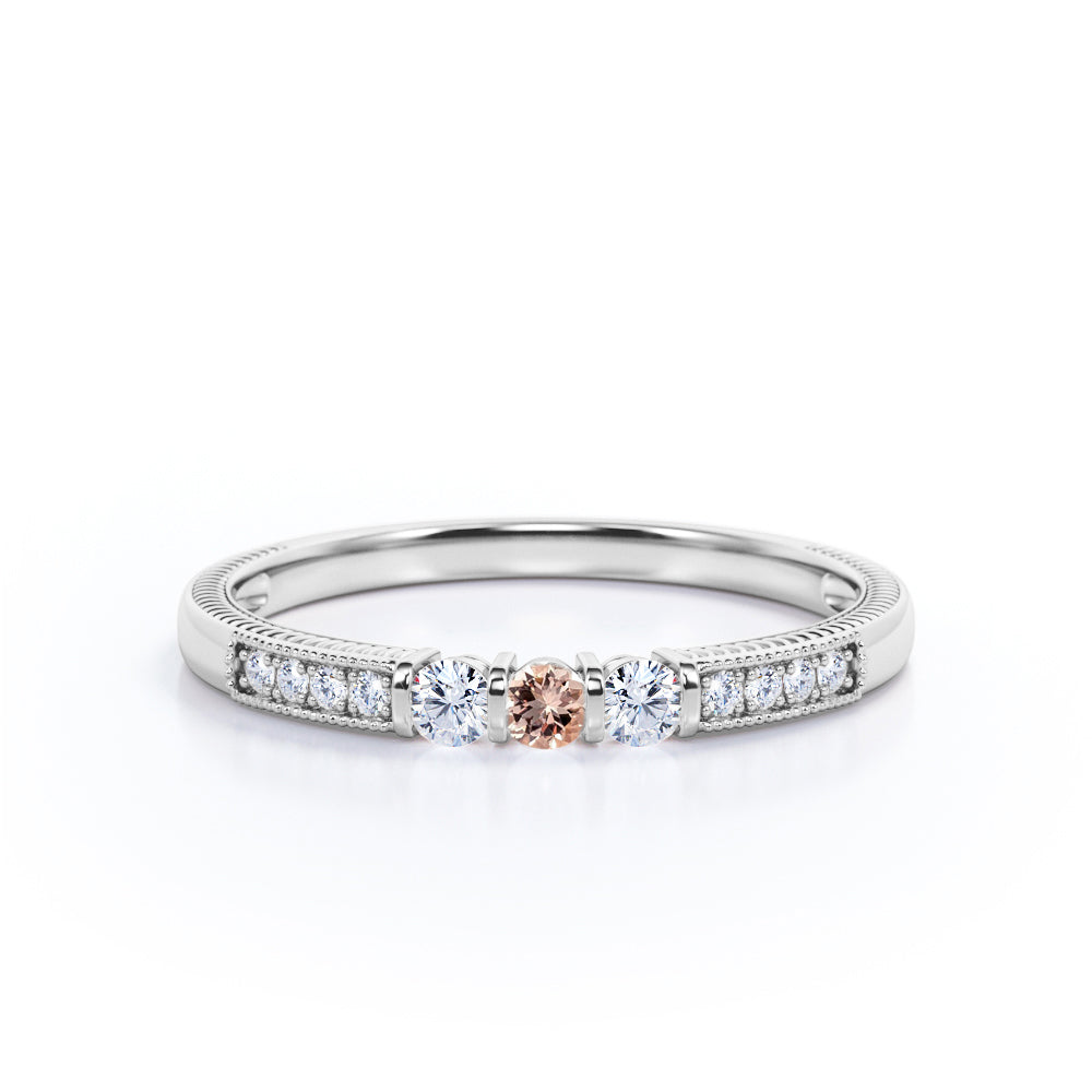 Basket 1.1 carat Round Morganite and Moissanite Milgrain Engagement Ring in Rose Gold