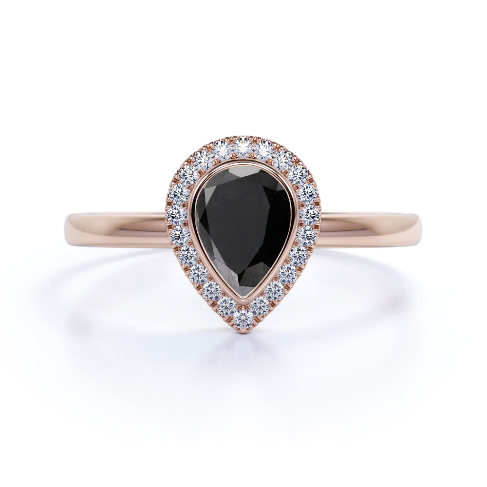 Bezel Setting Shared Prong 1.25 Carat Teardrop Lab Lab Black Diamond and Pave Engagement Ring in White Gold