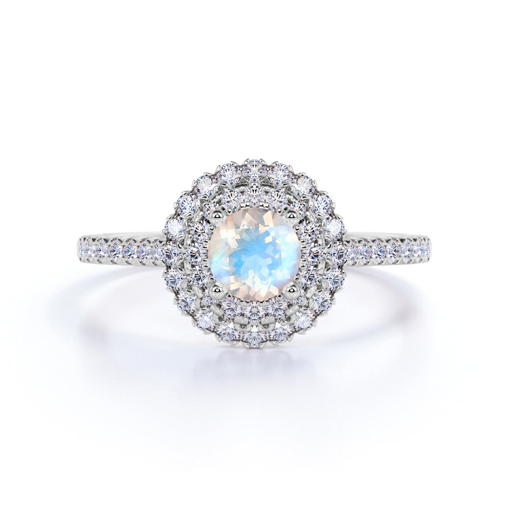 Art Deco Milgrain 1.25 Carat Round Cut Rainbow Moonstone and Diamond Engagement Ring in Rose Gold
