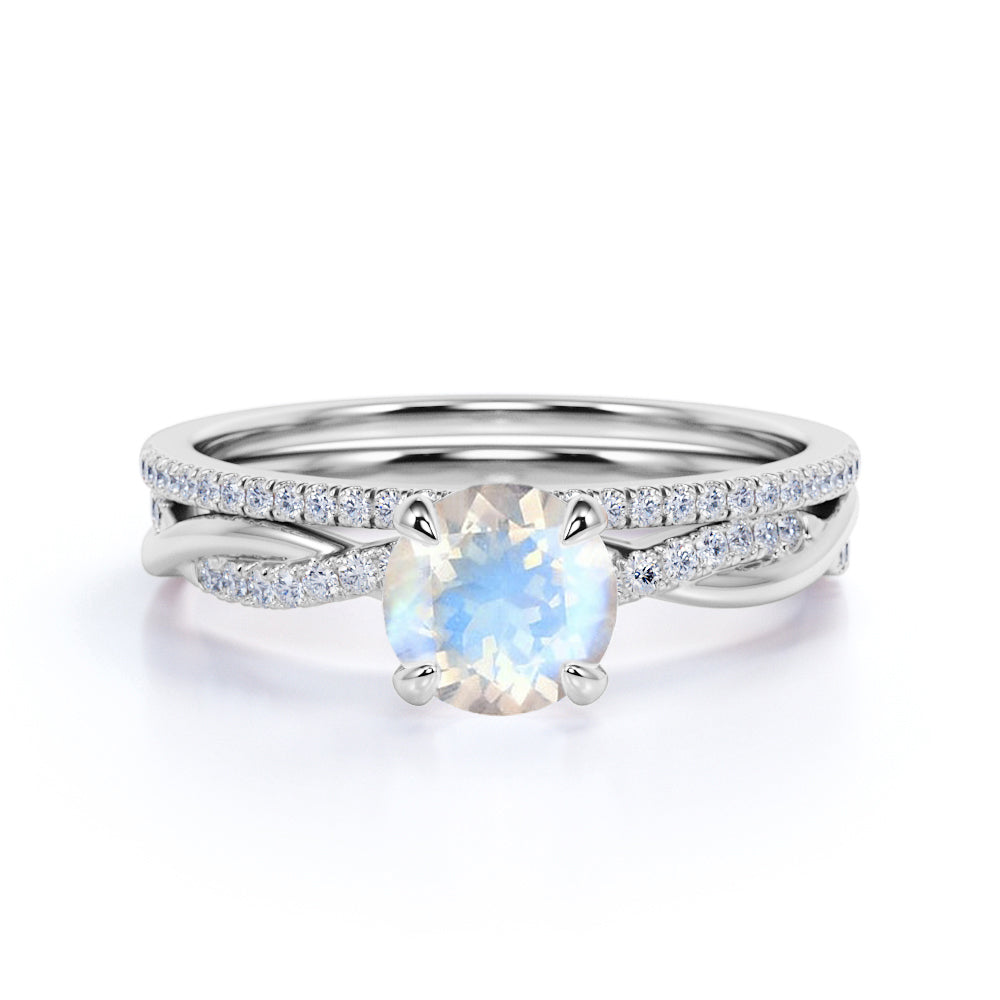 1.25 Carat Round Moonstone Wedding Ring Set in Rose Gold - 2pcs Weddin ...