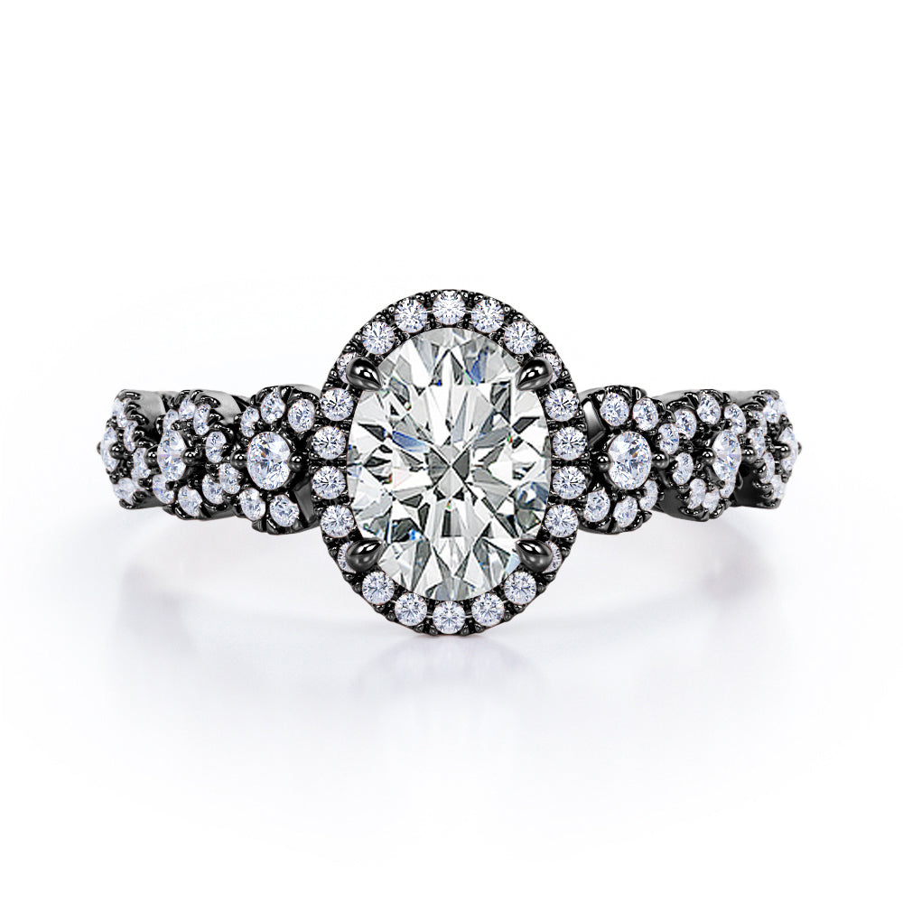 Twisted 1.45 Carat Oval Cut Moissanite And Diamond Halo Engagement Ring In Rose Gold