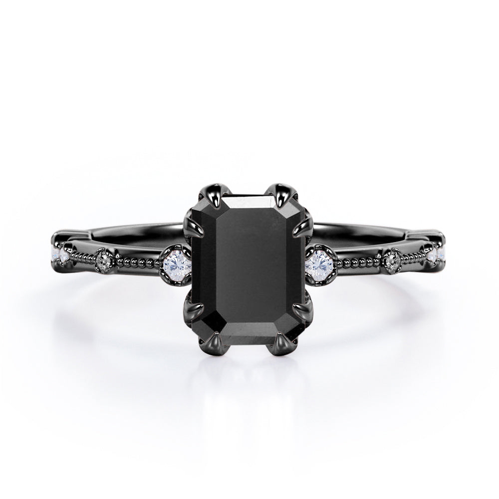 Sharp Eight Claws 1.10 Carat Emerald Cut Black Diamond Beaded Engagement Ring In White Gold
