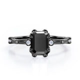 Sharp Eight Claws 1.10 Carat Emerald Cut Black Diamond Beaded Engagement Ring In White Gold