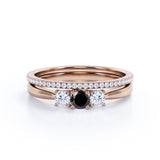 1.45 Carat Round Cut Lab Grown Black Diamond Three Stone Wedding Ring Set In White Gold