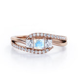 Shared Prongs 1 carat Princess Moonstone and Moissanite Split Shank Band Engagement Ring in White Gold