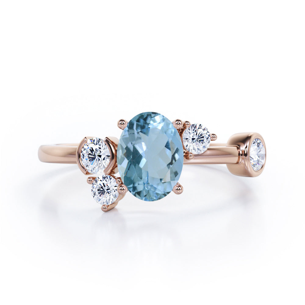 Unique 1 carat Oval Five Stone Ring With Petite Aquamarine and Diamond in White Gold