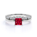 1.25 Carat Princess cut Lab Ruby and Diamond Wedding Ring Set in White Gold