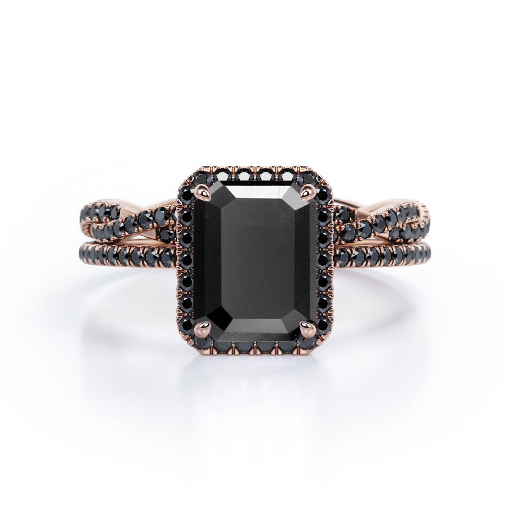 Crossover with Pave Accents - 1.75 TCW Emerald Cut Lab Created Black Diamond - Halo Bridal Ring Set in White Gold