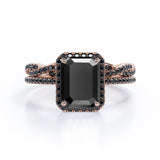 Crossover with Pave Accents - 1.75 TCW Emerald Cut Lab Created Black Diamond - Halo Bridal Ring Set in White Gold