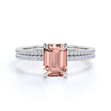 Sale: 1.50 Carat Peach Pink Morganite (emerald cut Morganite) and Diamond Engagement Ring Wedding Bridal Set