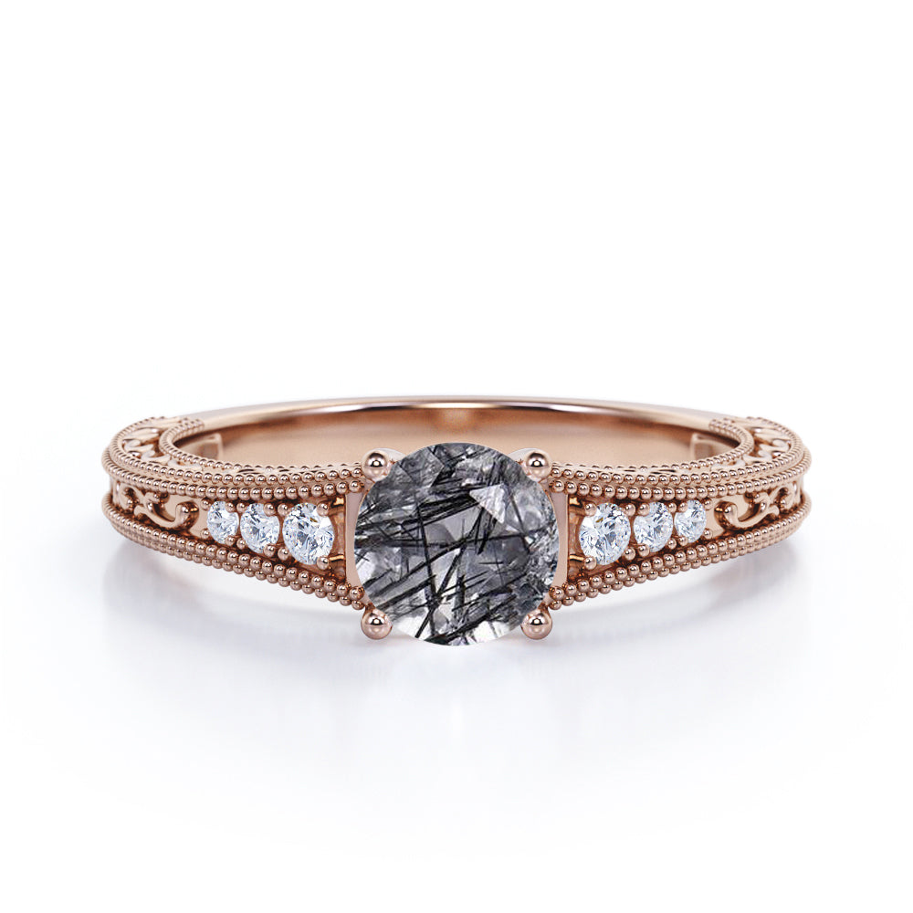 Vintage Art Deco 1.25 Carat Round Cut Dendritic Black Rutilated Quartz And Diamond 4 Prong Antique Milgrain Engagement Ring In White Gold