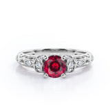 Unique Four Prong 1.15 Carat Round Cut Lab-Created Ruby And Diamond Art Deco Engagement Ring In White Gold