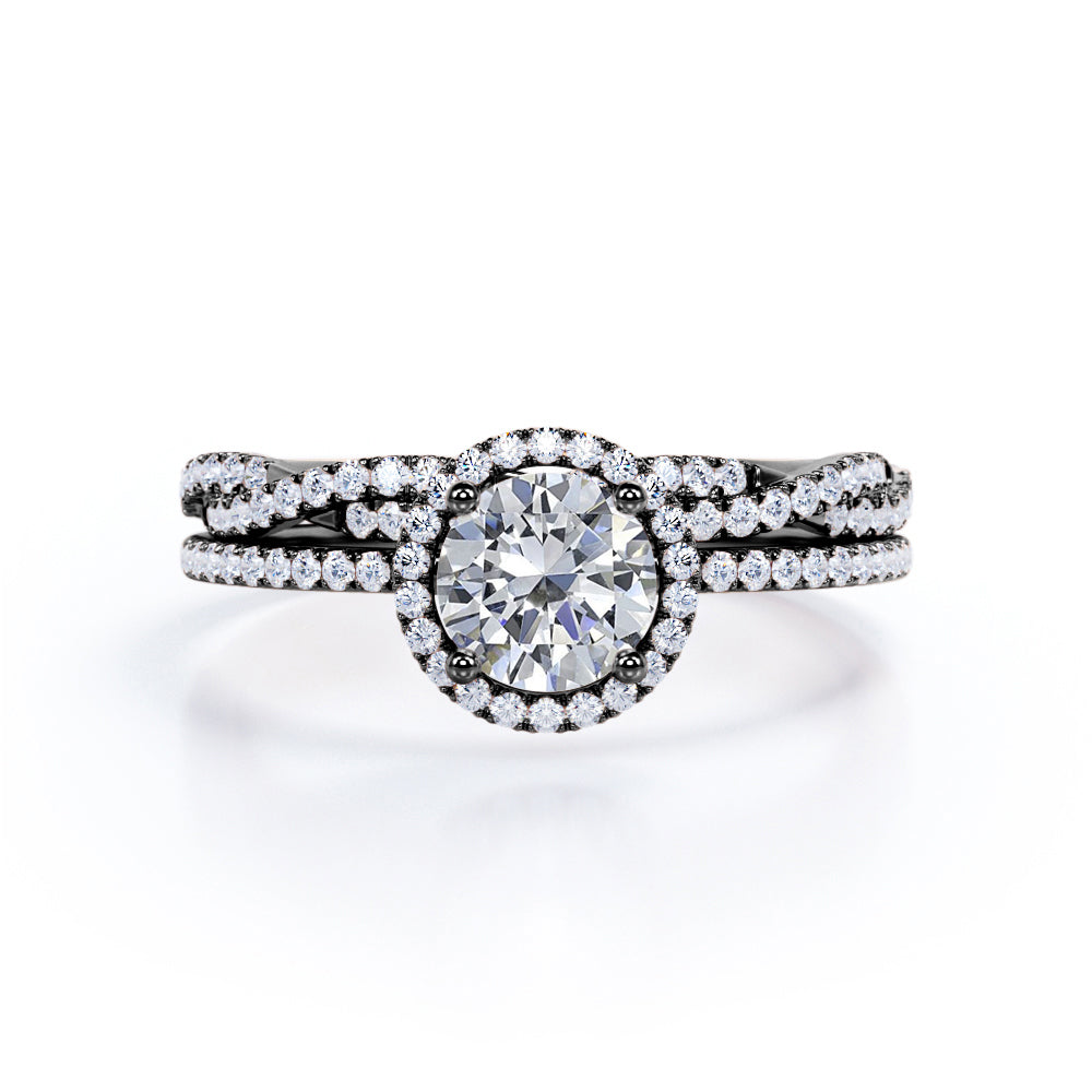 1.50 Carat Round Cut Moissanite And Diamond Halo Bridal Set In White Gold