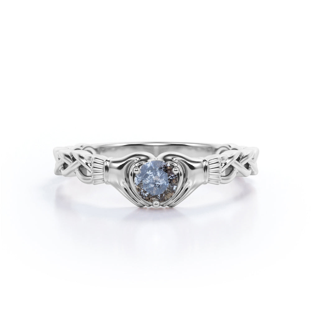 Claddagh Heart 0.50 Carat Round Cut Icy Dark Grey Salt and Pepper Diamond Dainty Twist Engagement Ring