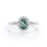 Solitaire Snowflake Style 1.25 Carat Oval Cut Milky White Moss Green Agate and Diamond Halo Engagement Ring