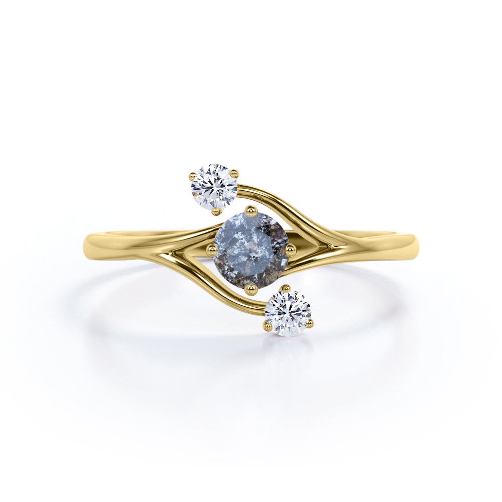 Modern 0.60 Carat Round Cut Dendritic Black Rutilated Quartz and Diamond Twig Bypass Engagement Ring