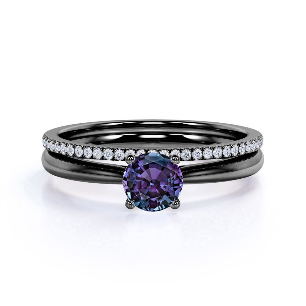 Plain Shank Solitaire 1.25 Carat Round Cut Simulated Alexandrite and Diamond Pave Bridal Set Rings
