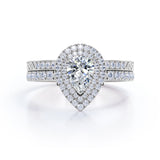 1.75 Carat Double Halo Vintage Moissanite and Diamond Pave Ring Pear Cut Milgrain Bridal Set in Rose Gold