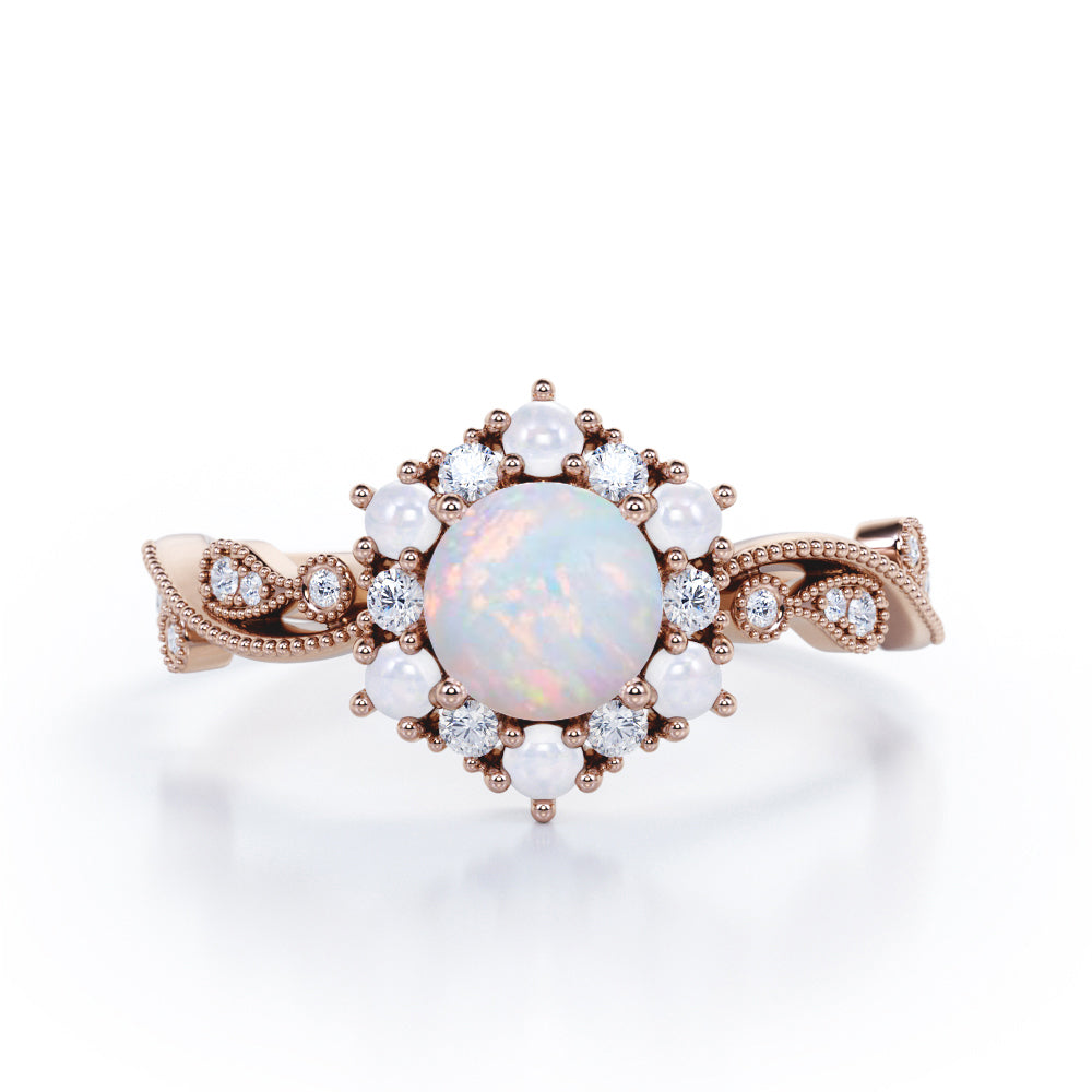 Floral Halo 0.7 carat Round Opal and Diamond Engagement Ring in White Gold