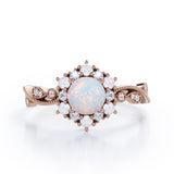 Floral Halo 0.7 carat Round Opal and Diamond Engagement Ring in White Gold