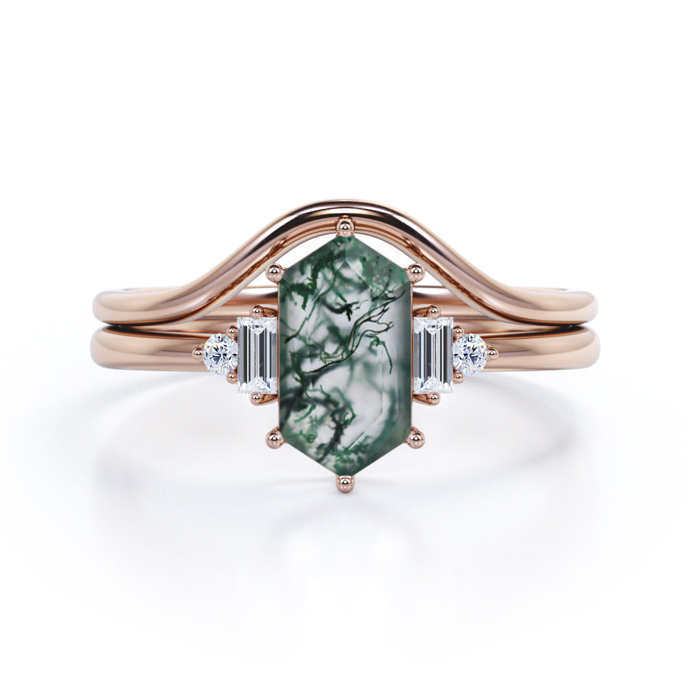 Five Stone 0.8 Ct Hexagon Moss Agate Curved Bridal Set
