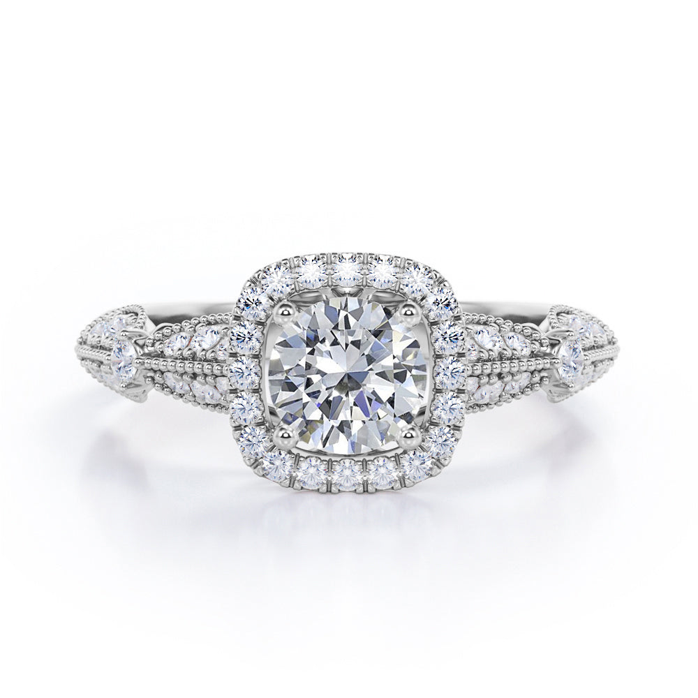 Antique Milgrain 1.35 Carat Round Cut Moissanite And Diamond Halo Engagement Ring In Rose Gold