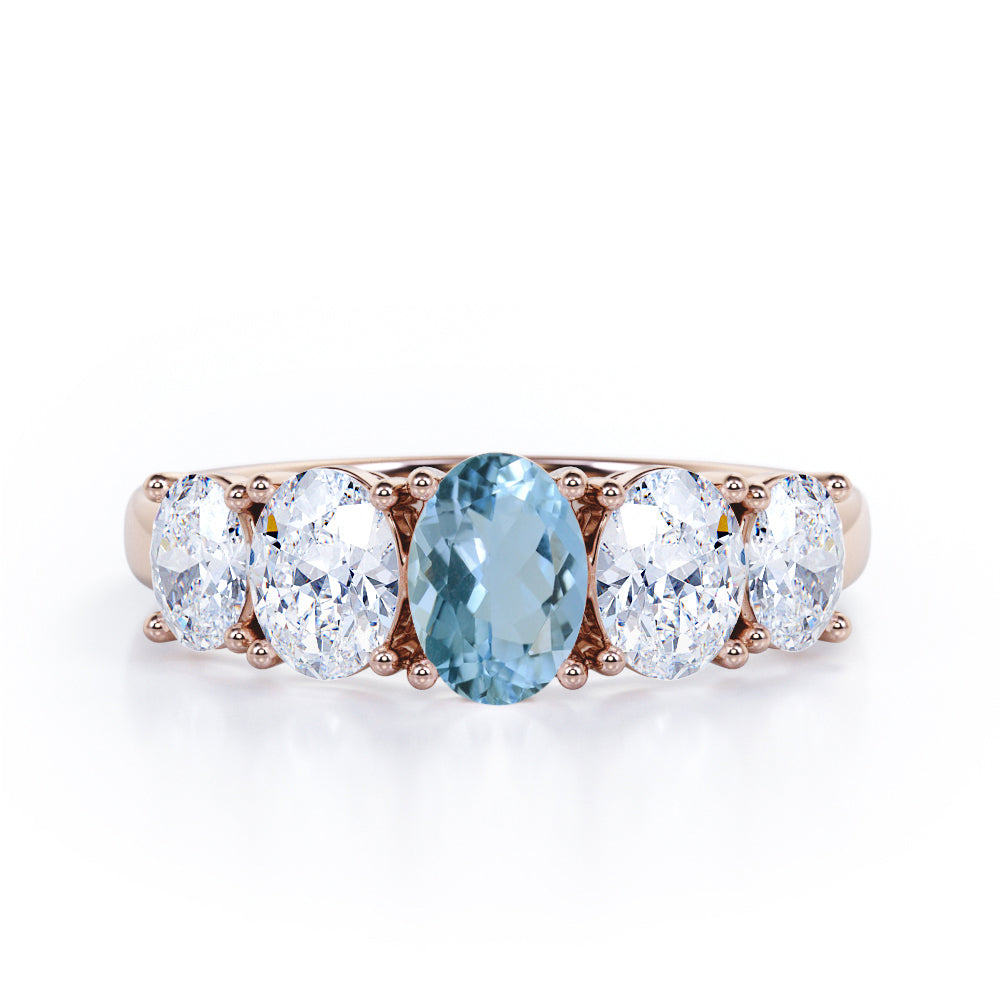 Oval Basket Set 1.25 carat Aquamarine and moissanite Fine Jewelry Ring in White Gold