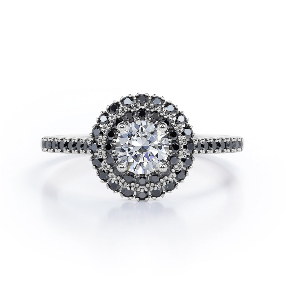 Double Halo Cluster - 1.5 TCW Round Shape Moissanite with Lab Created Black Diamond - Pave Accented Engagement Ring in Rose Gold