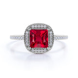 Delicate 1.50 Carat Princess Cut Lab Ruby and Diamond Halo Engagement Ring in White Gold