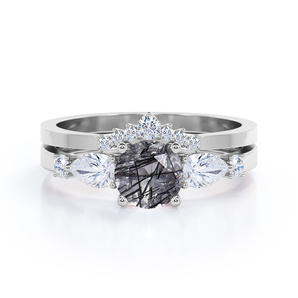 Delicate Four Prong 1.45 Carat Round Cut Solid Black Rutilated Quartz And Diamond Five Stone Wedding Ring Set In White Gold