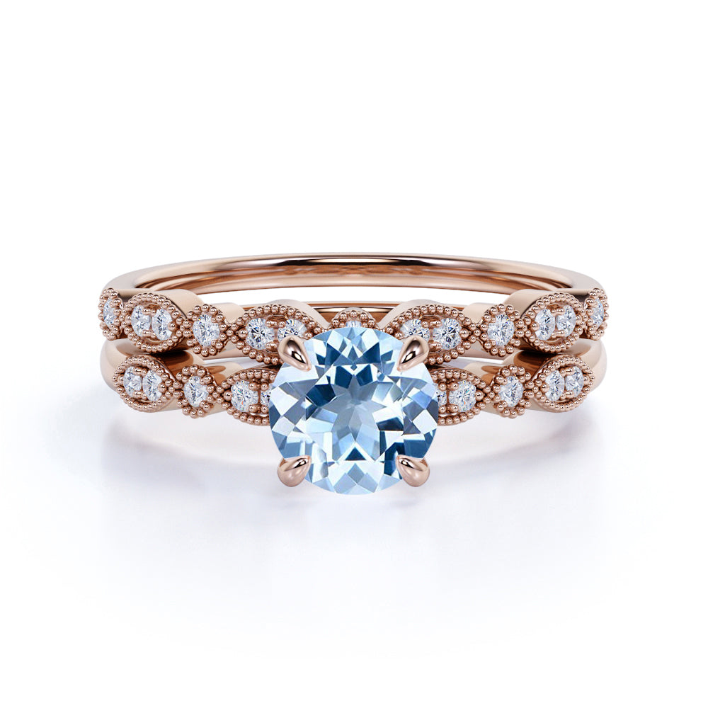 Art Deco 1.50 ct Round Aquamarine Bridal Ring Set