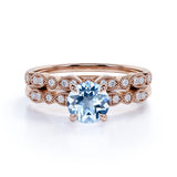 Art Deco 1.50 ct Round Aquamarine Bridal Ring Set