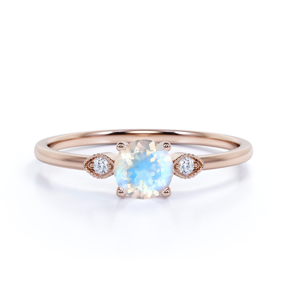 Limited Time Sale 1.35 Carat Round Shape Rainbow Moonstone and 3 Stone Diamond Vintage Engagement Ring in White Gold