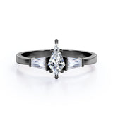 Classy Modern Three Stone Ring - 1 carat Kite Moissanite and Diamond Engagement Ring in Black Gold