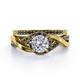 Filigree Tension-Halo 1.5 TCW Round Shape Moissanite with Lab Created Black Diamond Twisted Half Pave Wedding Set in Black Gold