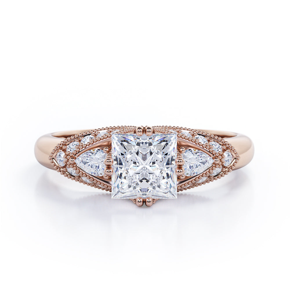 Vintage Eight Prongs 1.30 Carat Princess Cut Moissanite And Diamond Marquise Framed Beaded Engagement Ring In Black Gold